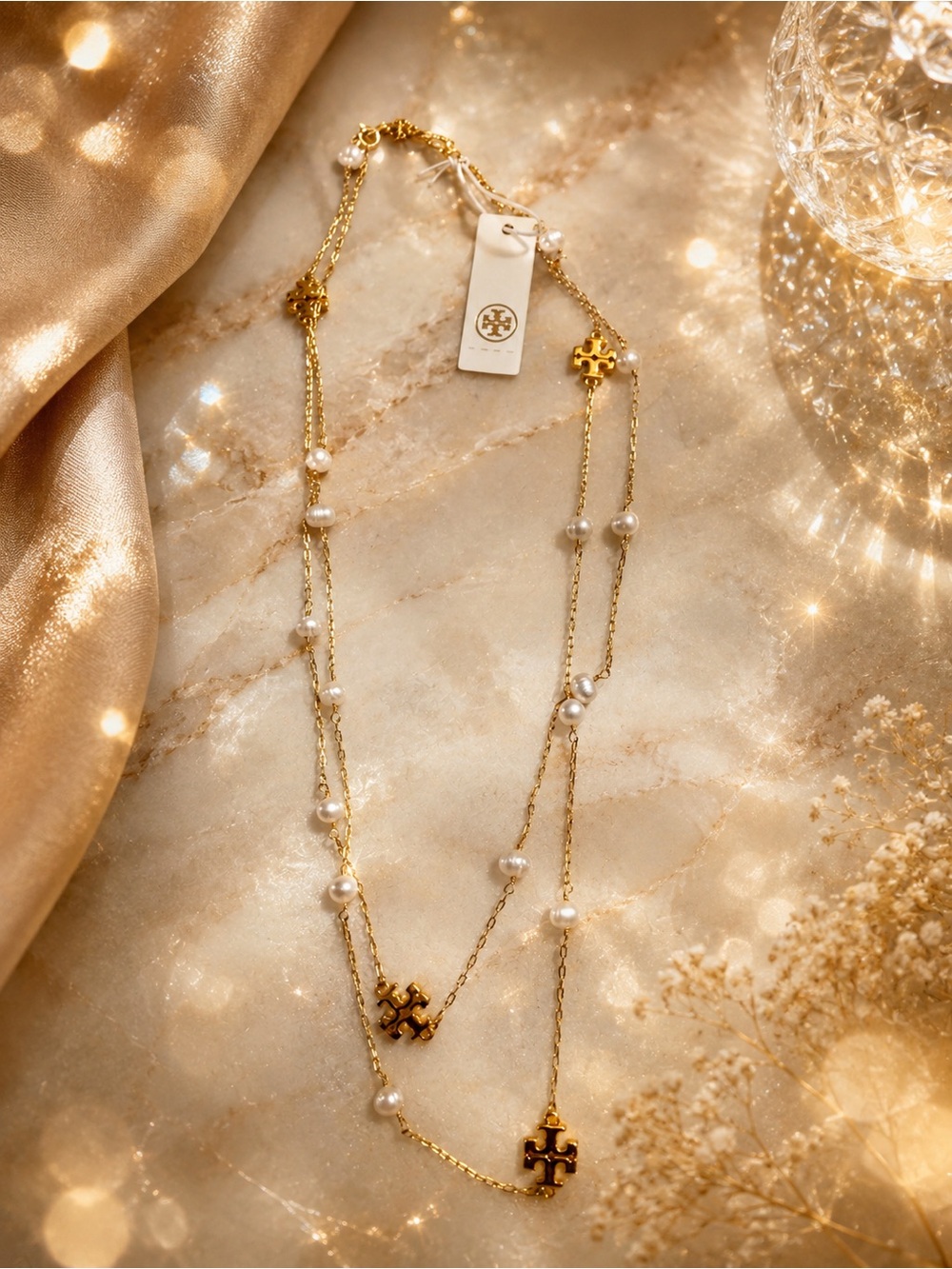 Tory Burch Pearl Station SINGLE-Strand Necklace – Gold Tone (Doubled for Photo)